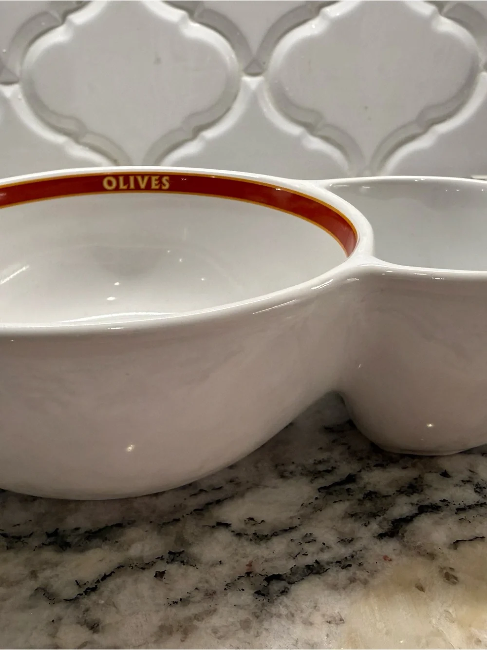 Pottery Barn Olive and Pit Divided Double Bowl - Pasta Rustica